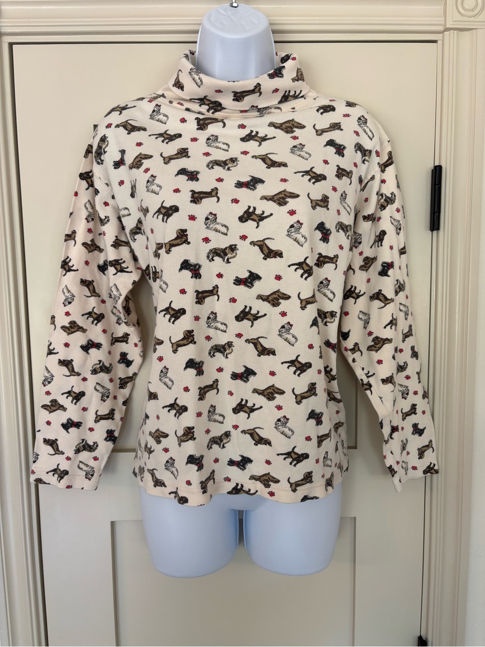Vintage Eagles Eye Dog Print Cream Long Sleeve Turtleneck fall winter Sz L